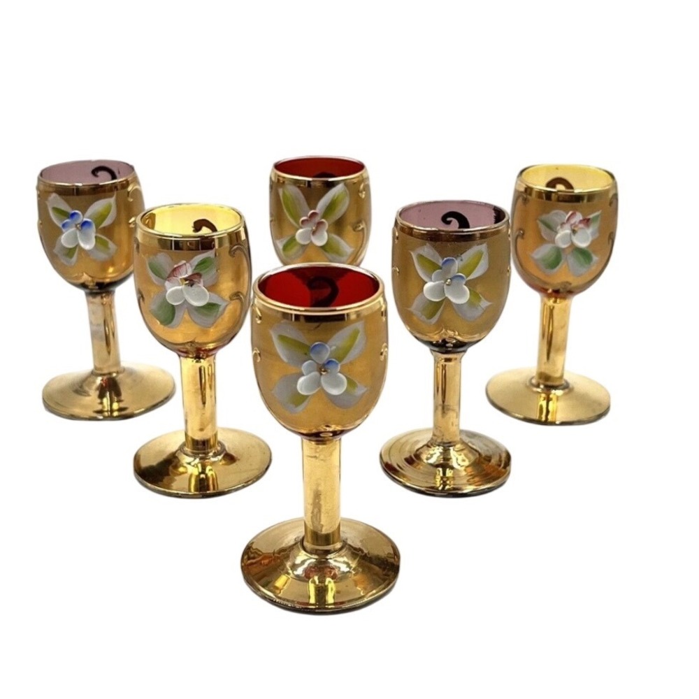 Vintage Murano Venetian Tre Fuochi 24K Gold Enamel Floral Cordial Glasses Set 6